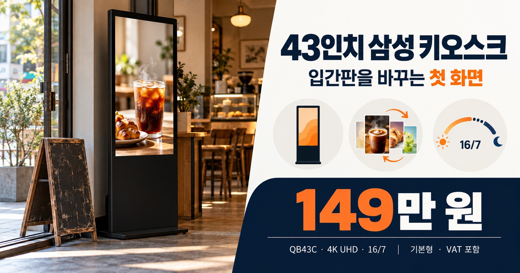 43인치 삼성 광고 키오스크 QB43C — 입간판을 대체하는 가장 현실적인 첫 화면 (149만 원)